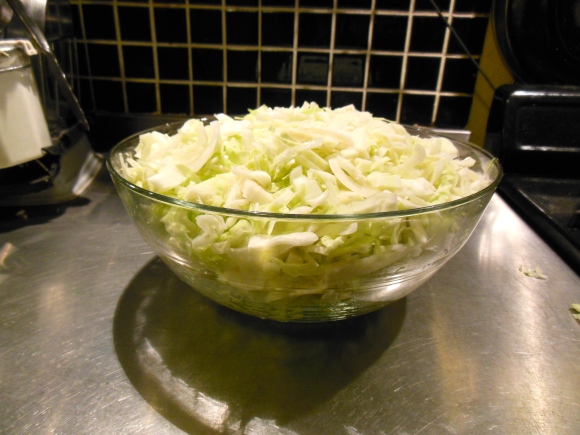 Your bowl may seem too full at first, but as the salt softens the cabbage you can more easily pack it into the bowl.